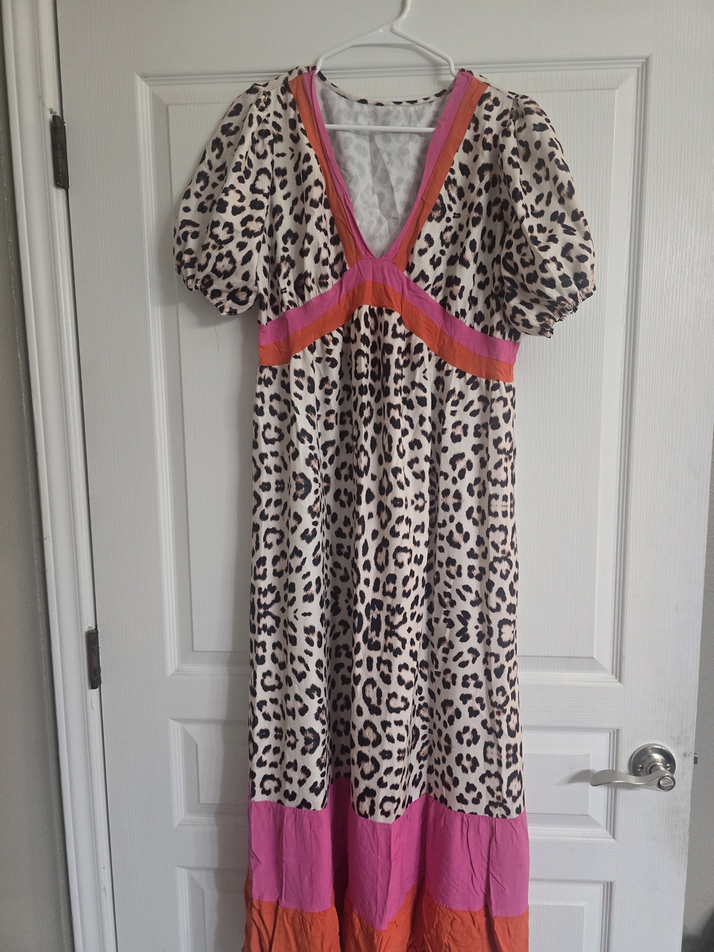 Leopard Print Maxi Dress with Pink & Orange Trim